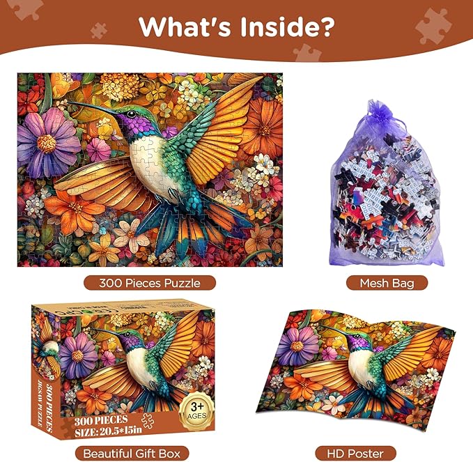 Adult Puzzles 300 Pieces, Hummingbird Floral Jigsaw Puzzles for Kids Adults Seniors 300 Pieces, Glossy Sturdy Vibrant Puzzle 300 Piece, Challenging Puzzle Great Gift for Family Friends