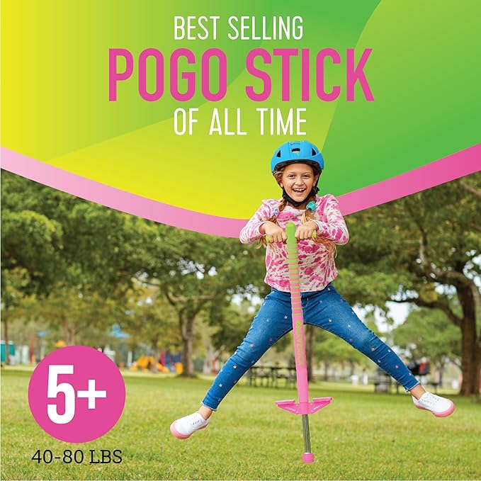 Flybar Maverick 2.0 Foam Pogo Stick for Kids Ages 5 and Up, 40 to 80 Pounds, Outdoor Kids Toys, Pogo Stick for Boys and Girls, Rubber Grip, By The Original Pogo Stick Company (Pink/Green)