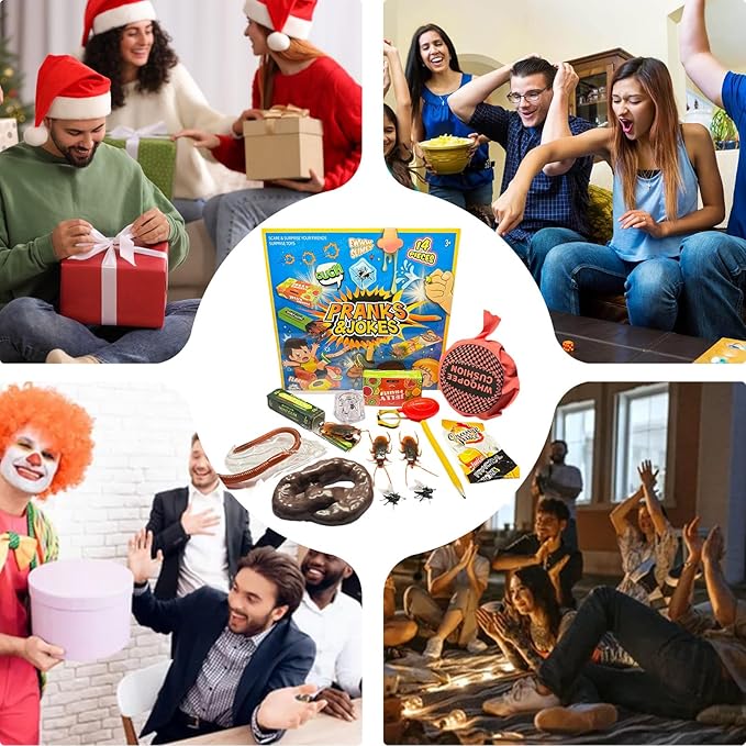Gag Prank Kit, Funny Joke Toys, 12 Piece Portable Set, Assorted Novelty Practical Joke Gadgets, Party Favors Entertainment Pack, Humor Toy Collection for Kids Friends Adults Home
