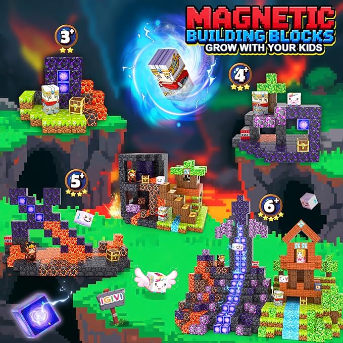 Magnetic Blocks - Build Mine 3D Magworld Forest Lava Set, STEM Magnetic Building Blocks for Kids Ages 4-6 6-8 8-12, Educational Sensory Toys for Toddlers, Birthday Gifts for 3+ Years Old Boys & Girls