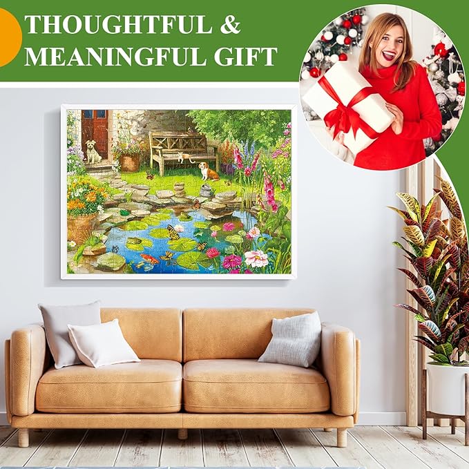300 Piece Puzzles for Adults,Garden Lily Pond Puzzle for Adults Kids Seniors,Large Piece Fun Chair Cat Puzzle for Kids 8-10 10-12,Challenging Dog Butterflies Puzzles Perfect for Game Nights,20.5x15 in