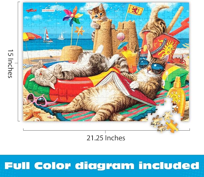 Buffalo Games - Beachcombers - Steve Read - 300 Piece Large Piece Jigsaw Puzzle for Adults - Playful Cat Beach Scene Puzzle with Oversized Pieces - Bonus Diagram Included - Finished Size 21.25 x 15.00