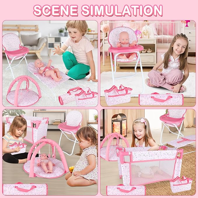 deAO Baby Doll Accessories12-14 Doll Playset with High Chair Crib Bed Play Mat Storage Bag Handbag - 6 in 1 Pink Dolls Playset with Furniture Gifts for Girls