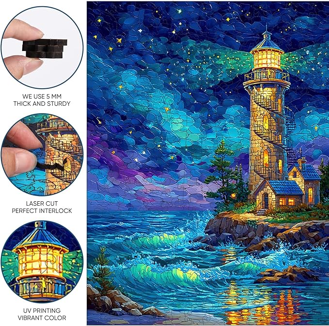 Jiroinlly Wooden Puzzles for Adults 200 Pieces, Night Lighthouse, 5MM Thick Adult Jigsaw Puzzles, Unique Shaped Puzzle for Family and Friends, Home Wall Decor, Exquisite Packaging Gift, 8.9x11.8 in
