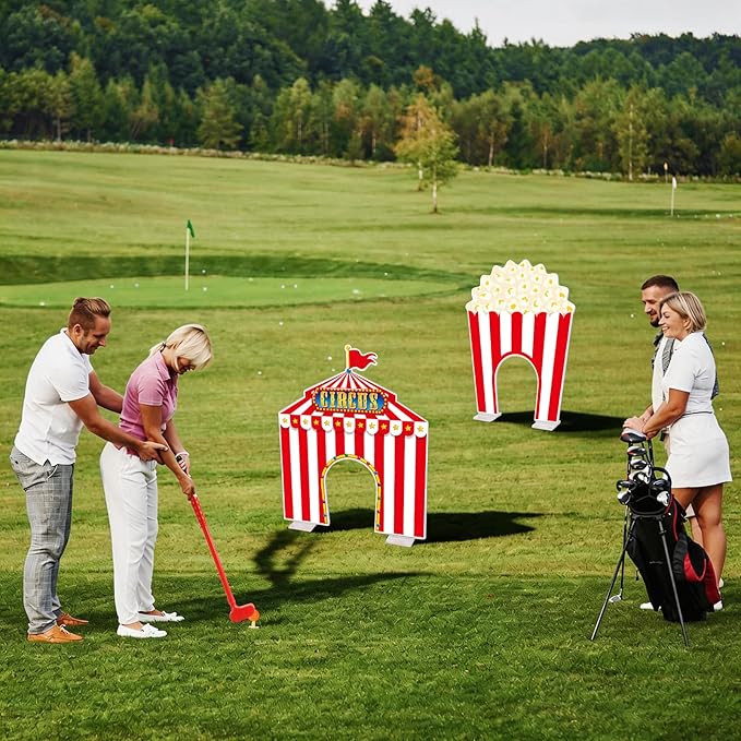 19 PCS Carnival Party Mini Golf Game Set Circus Tent Popcorn Game Set Include Clubs Balls Carnival Themed Obstacles for Groups Circus Birthday Golf Gaming Indoor Family Party Decoration