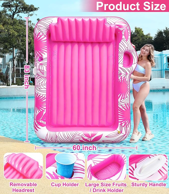 83" X 60" Inflatable Tanning Pool Lounger Float with Sprinkler, Extra Large Pool Float Adults with Pillow, 6 in 1 Suntan Tub Raft Floatie Toys with Drink Holder Sunbathing Water Filled Tanning Bed