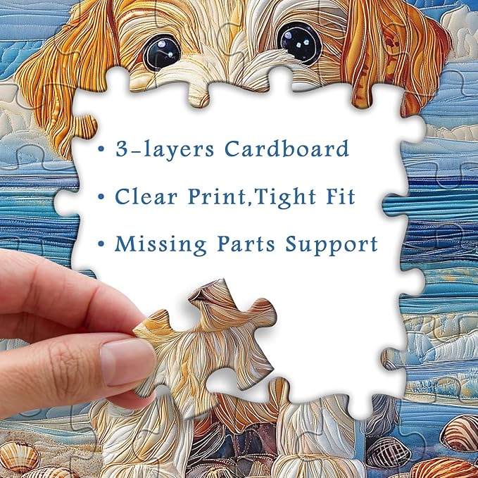 Beach Dog Puzzles 1000 Pieces for Adults, PICKFORU Fabric Art Patchwork Quilt Jigsaw Puzzles, Summer Seaside Puppy Theme as Home Decor
