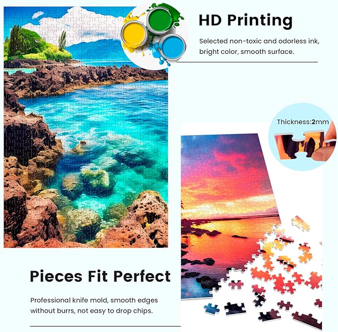 2 Pack 1000 Piece Puzzles for Adults - Beach, Coconut Tree, Reef Landscape Jigsaw Puzzles - 2000 Pieces Total