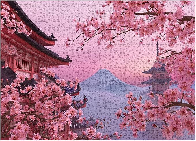 Flower Japan Landscape Puzzle for Adults 1000 Pieces, Challenging Cherry Blossom Jigsaw Puzzle, Beautiful Floral Mountain Pink Asian Japanese Puzzle