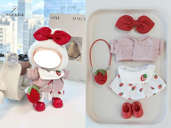 Clothes for 17cm Doll, 5 pcs Set Doll's Outfits Luxury Dress Shirt Pants Headset Shoes Accessories Fashion Stylish Adorable Dolls Clothes (No Doll) (Strawberry Red)