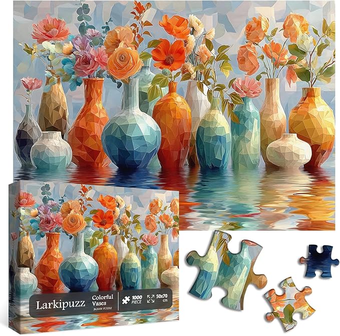 Colorful Wildflower Puzzle for Adults 1000 Pieces, Larkipuzz Difficult Flower Plant Jigsaw Puzzle Rainbow Art, Hard Challenging Gradient Floral Vase Art Theme as Home Decor