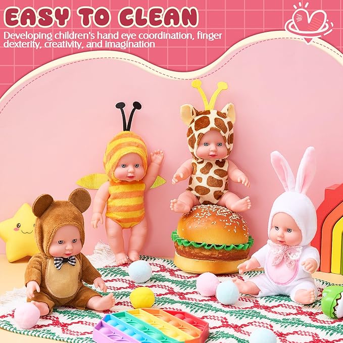Halloscume 7 Inch Mini Baby Mini Reborn Doll Vinyl Full Body Lifelike Dolls Baby with Weighted Cloth Reborn Gift Set for Kids, Gifts for Christmas Kids (4 Pcs,Animal 1)