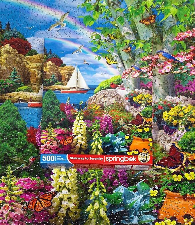 Springbok Stairway to Serenity 500 Piece Jigsaw Puzzle for Adults by Arist Alan Giana - Colorful Garden by The Ocean - Finished Size 23.5" x 18"