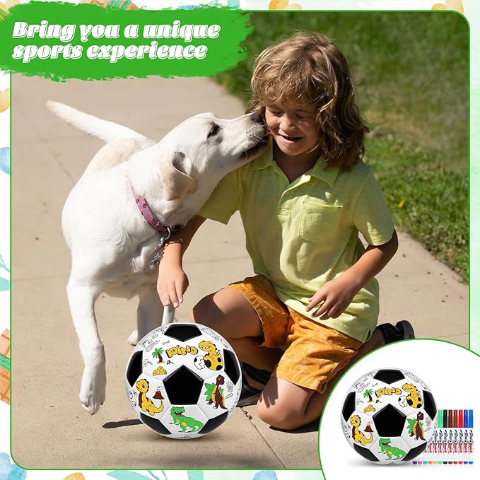 Size 4 Color Your Own Soccer Ball Black Dinosaur DIY Custom Craft Kit with Pump 12 Markers Personalized Youth Toddler Training Paint Your Own Toy Creative Gift for Kids