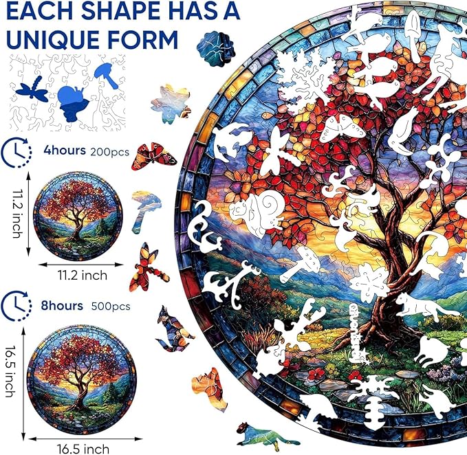 Qiuenisray Wooden Puzzles, Autumn Redwood Tree Jigsaw Puzzles 200 Pieces, FSC Certified Wood Puzzle, Beautiful Wall Decor, Unique Shape Adult Puzzle Pieces, Creative Gift for Family Game 11.2x11.2 in