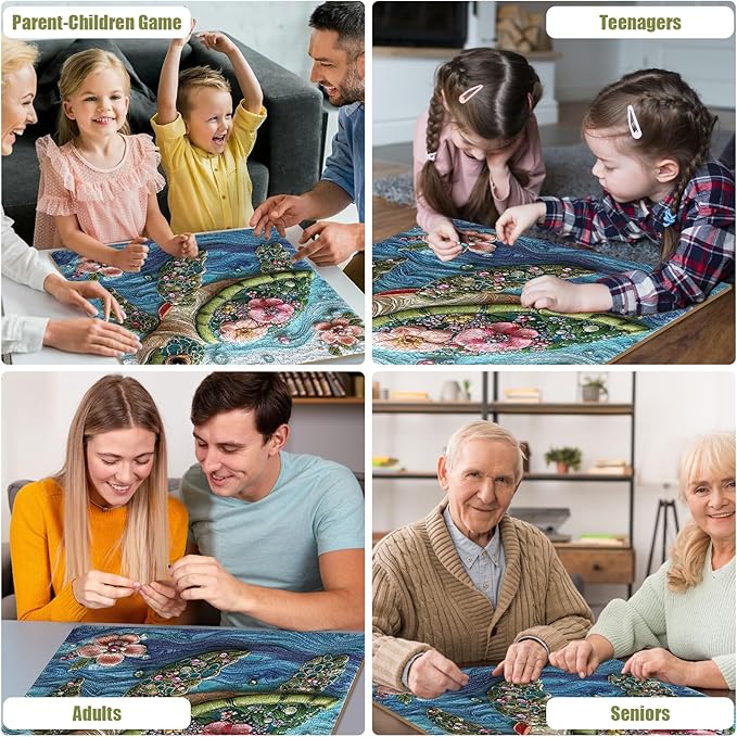 Sea Turtle Puzzles for Adults 1000 Pieces, Beautiful Diamonds Flower Sea Animal Jigsaw Puzzle with Letters on Back, Impossible Hard Difficult Art Puzzles, Fun Challenging Embroidery Family Puzzle Game