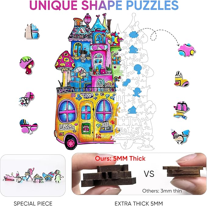 Delobil Wooden Puzzles for Adults, Car Jigsaw Puzzles 200 Piece, Unique Shape School Bus Puzzle for Adults and Kids, Fun Challenging House Puzzles Family Game Gift, 8.2 x15.2 Inches