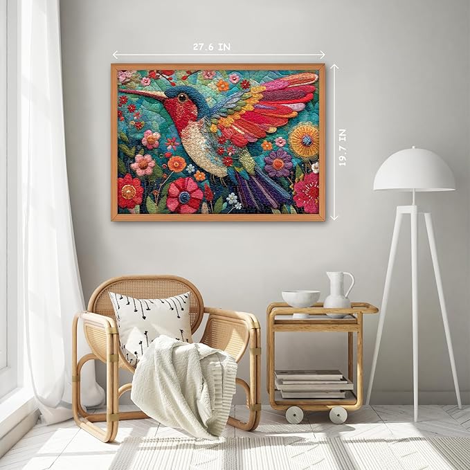 Hummingbird Puzzles for Adults 1000 Pieces, Bird Flower Garden Patchwork Art Quilt Puzzle, Beautiful Spring Floral Difficult Hard Jigsaw Puzzles with Animals, Colorful Challenging for Adults
