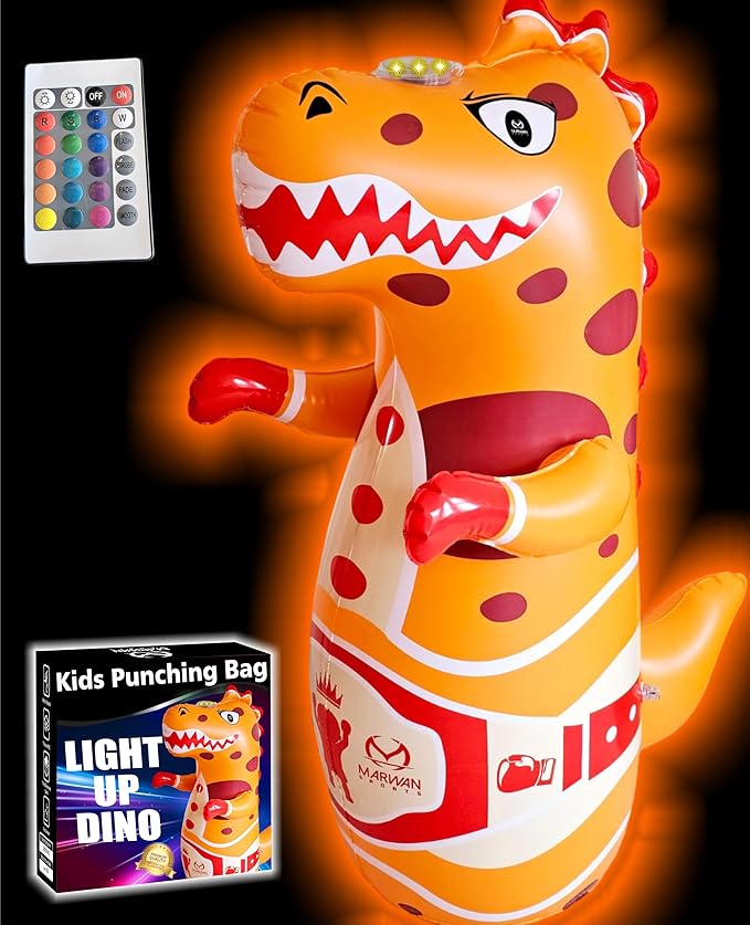 Marwan Sports Punch, Light & Roar Dinosaur Punching Bag – 47" Inflatable Bop Bag for Kids Ages 3-14 | Bounce-Back Toy with Lights & Roaring Sounds | Active Play Gift for Toddlers & Children
