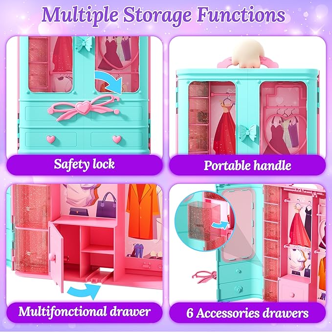 Style Shine 70 Pcs Doll Closet with Clothes & Accessories Including 2 Wedding Gowns 6 Fashion Dresses 2 Casual Outfits 2 Swimsuit 10 Shoes 20 Hangers 27 Accessories,Dress up Toys for Girls Kids Gifts