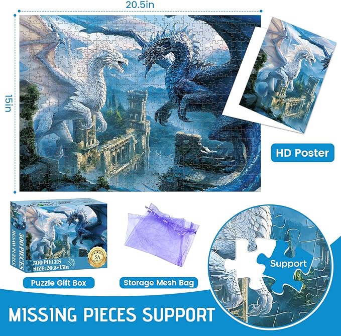 500 Piece Puzzle for Adults,Fantasy Dragon Fight Puzzle for Adults Elderly,Recycled Cardboard Battle of Two Dragons Puzzles 500 Piece,Creative Challenging Puzzle Family Game Nights Gift,20.5 * 15in