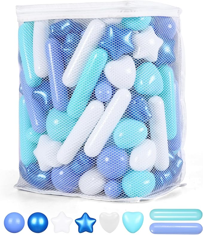STARBOLO 150 Pcs Ball Pit Balls Stars Hearts Strips, Blue Balls for Ball Pits, Children's Pool Water Toys for Baby Pool, Play Toy Balls for Kids Toddler Birthday Party Decoration
