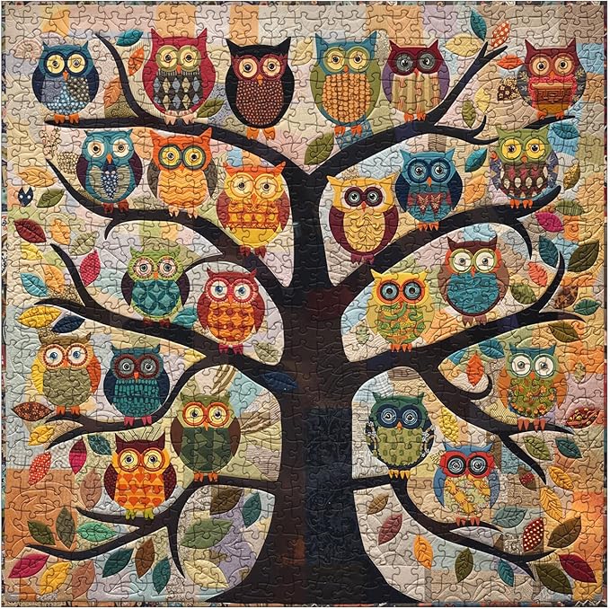 Colorful Owl Tree Quilt Puzzles for Adults 1000 Pieces, Funny Bird Art Jigsaw Puzzle, Difficult Cute Animal Puzzles
