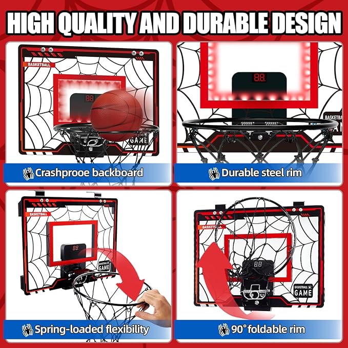Toys for Ages 8-13, Basketball Hoop Indoor, Mini Basketball Hoop for Boys and Adults with Cool LED Lights Boys Gifts Basketball Toys Gifts Room Accessories for Teen Boy 8 9 10 11 12