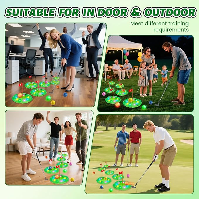 VATOS Light up Golf Putting Game Set - Glow Golf Toy with 6 LED Holes, 6 Balls (2 Glow), Extendable Putter, Build Your Own Course at Home Indoor Outdoor Yard Office Golfs Gifts for Kids Adults Golfer