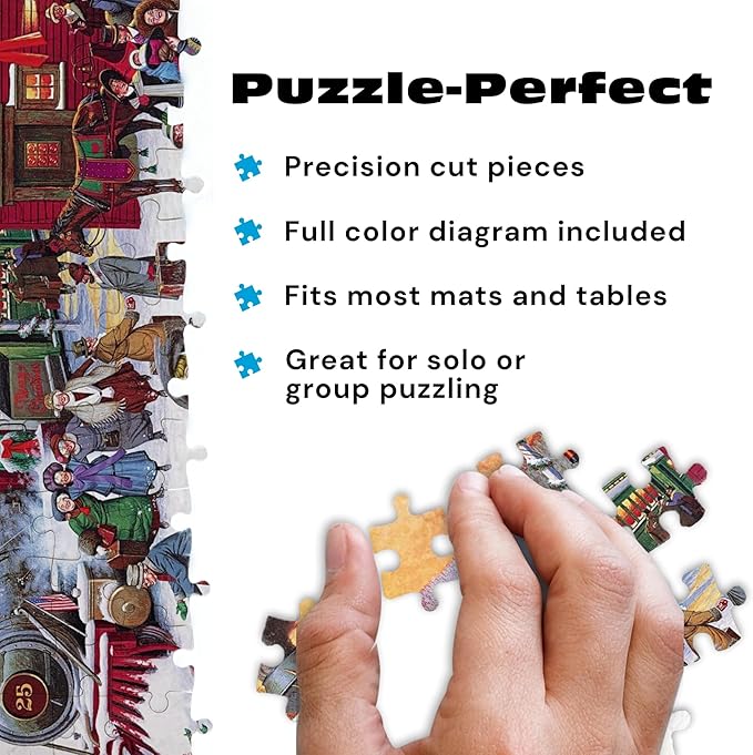 Buffalo Games - Whistle Stop Christmas - 500 Piece Holiday Puzzle for Adults - Charles Wysocki Jigsaw Puzzles - Festive Train Scene with Poster – 500 Colorful Pieces