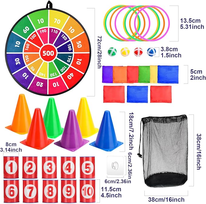 Hungdao 3 Sets Carnival Games Combo Set, Dart Board with Balls Plastic Cones Ring Bean Bags Toss Game for Boys Girls Adults Family Birthday Yard Indoor Outdoor