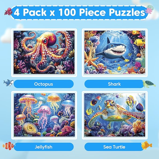 4 Pack 100 Piece Puzzles for Kids Ages 4-8, Large Piece Kids Puzzles Ages 4-6 6-8 8-10, Ocean Theme Jigsaw Puzzle Toys, Educational Family Puzzles Gifts for Boys and Girls