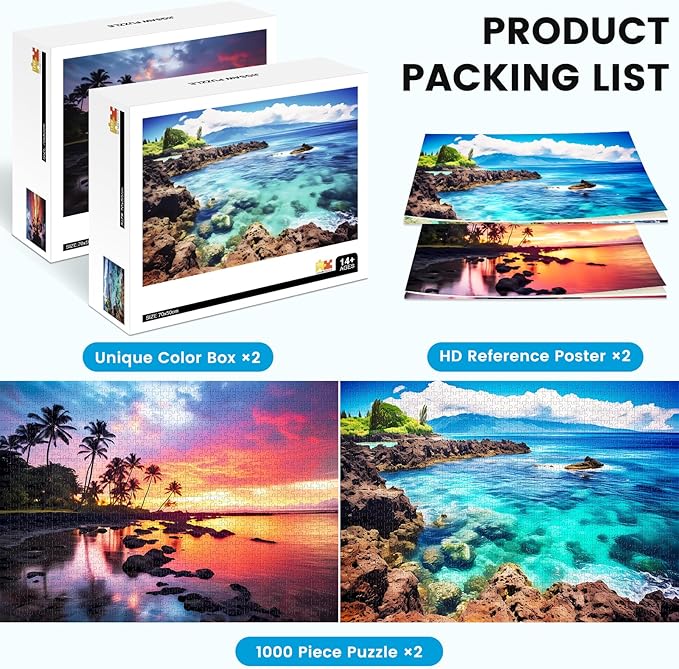 2 Pack 1000 Piece Puzzles for Adults - Beach, Coconut Tree, Reef Landscape Jigsaw Puzzles - 2000 Pieces Total