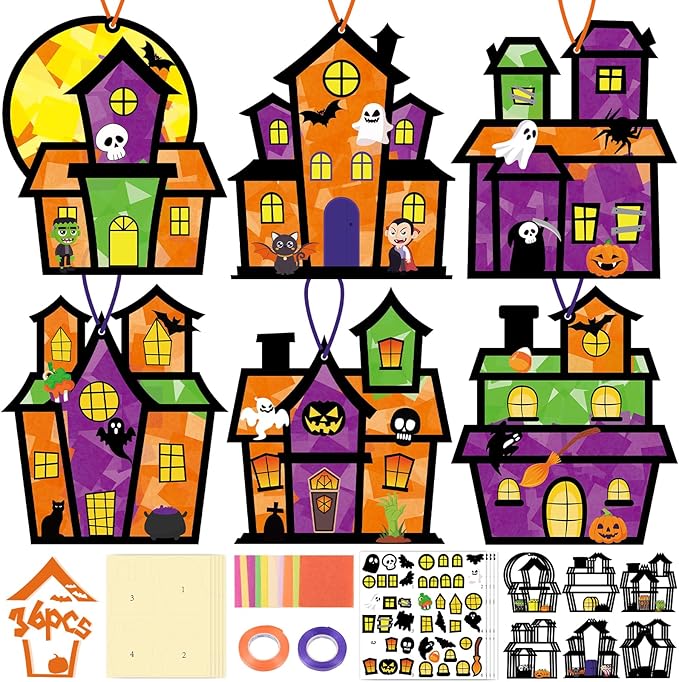 Renbuzhu 36PCS Halloweens Crafts Bulk: Haunted House Paper Suncatchers DIY Kit Party Activities Decorations, Window Stained Glass Effect Art Supplies