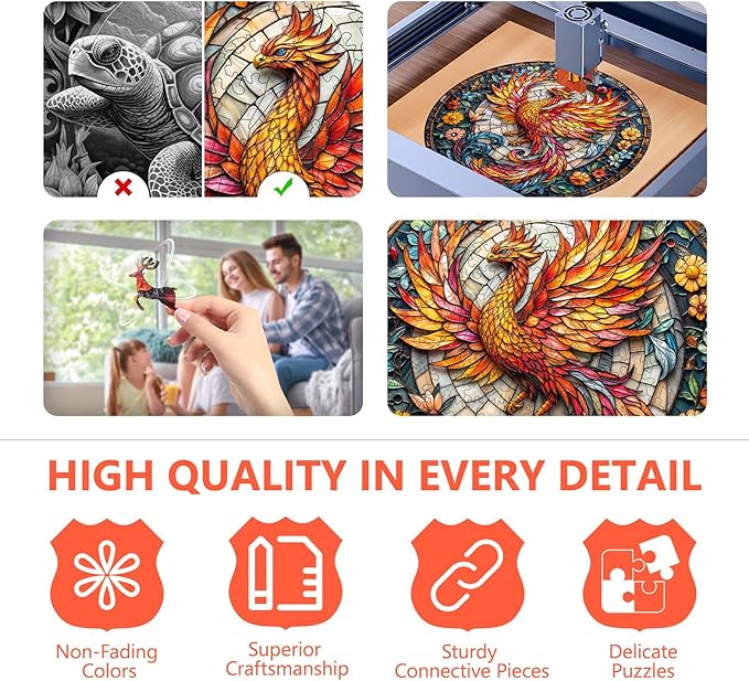 Wooden Puzzles for Adults - Stained Glass Phoenix Wooden Puzzle, Unique Shape Wood Jigsaw Puzzle for Adults, Wood Puzzles Adult, Gifts for Family, Wall Art Home Decor (100pcs 8.5 * 8.5in S)