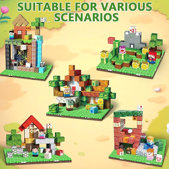 Magnetic Blocks Baseplate - Magnet Toys for Kids, 4PCS Baseplate for Minecraft Magnetic Building Blocks Placing 4" x 4", STEM Toys Birthday Gifts for Boys Girls Age 3+ Years Old, Grassland