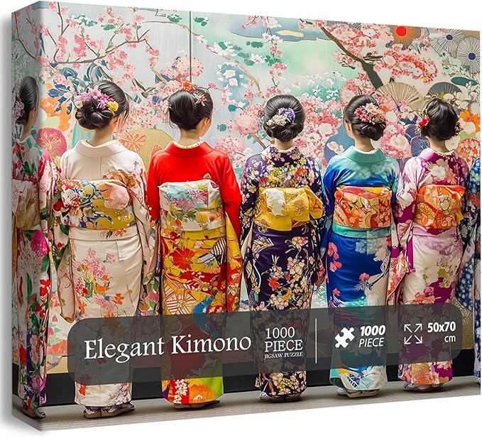 PICKFORU Elegant Kimono Puzzles for Adults 1000 Pieces, Intage Cherry Blossom Geisha Puzzles, Colorful Unique Japanese Art Puzzle as Wall Decor