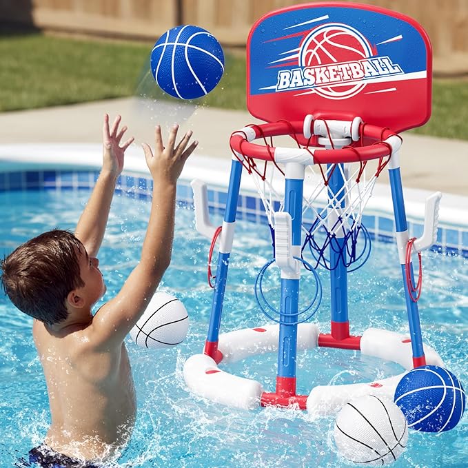 2 in 1 Pool Basketball Hoop with Backboard & Ring Toss Game, Floating Pool Toy - Anti-Tip Stable Base - with 4 Balls/8 Rings/Pump - Summer Water Indoor Outdoor Toy Gifts for Kids 4-8 & Adults, Red