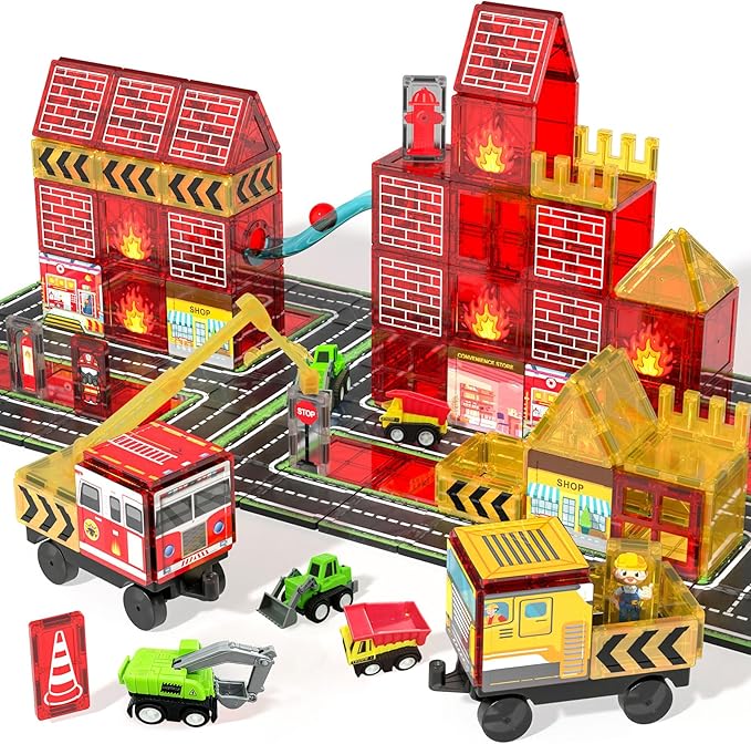 Magnetic Tiles for Kids, 56PCS Construction Magnet Tiles with Fire Truck & Station, Building, Road, Crane, and Car Truck - STEM Magnetic Blocks for Kids Ages 4-8, Toys for 4+ Year Old Boys Gifts