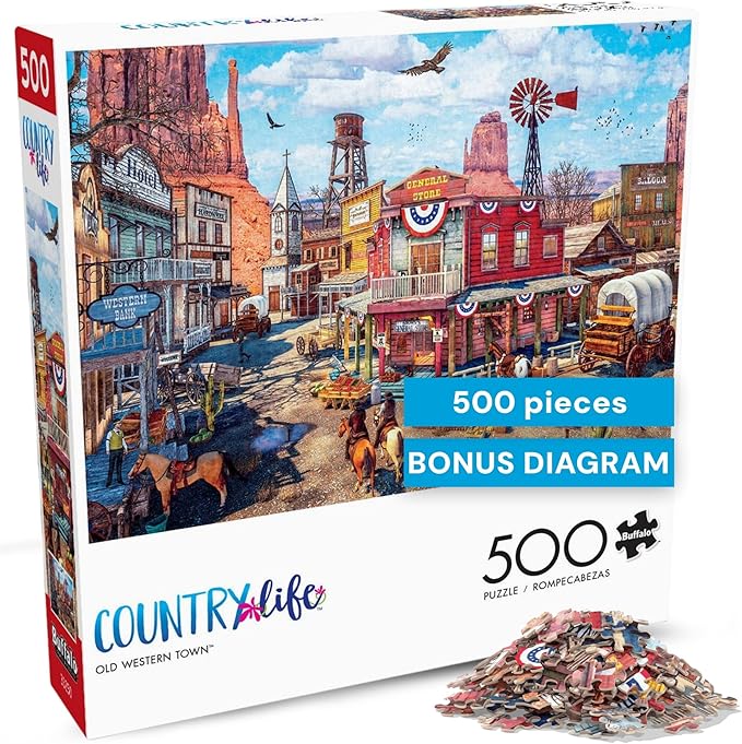 Buffalo Games Old Western Town - Dominic Davison - 500 Piece Jigsaw Puzzle for Adults - Challenging Vintage Western Art with Bonus Diagram - Country Life Collection - Made in the USA