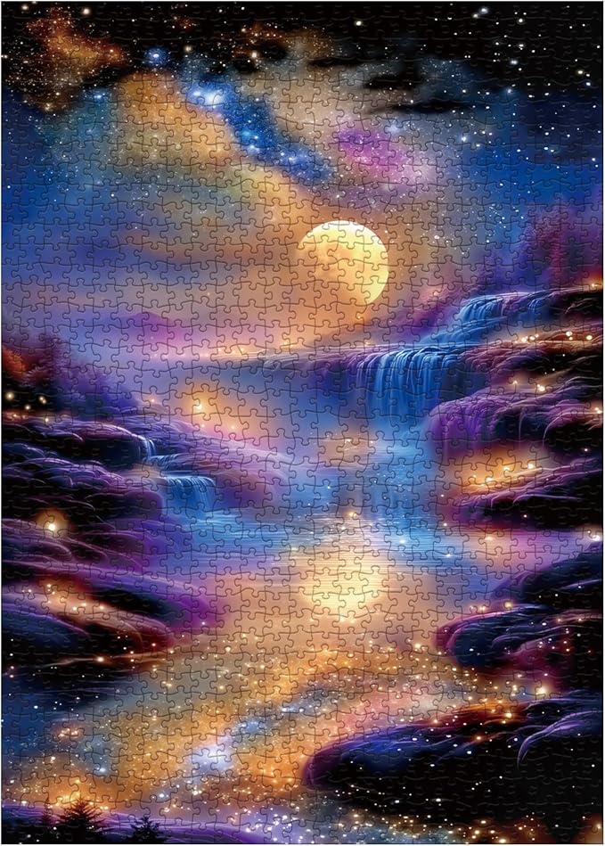 Fantasy Waterfall Landscape Puzzles for Adults 1000 Pieces, River Moon Scenic Jigsaw Puzzle Nature, Starry Night Art Challenging Puzzle as Home Decor