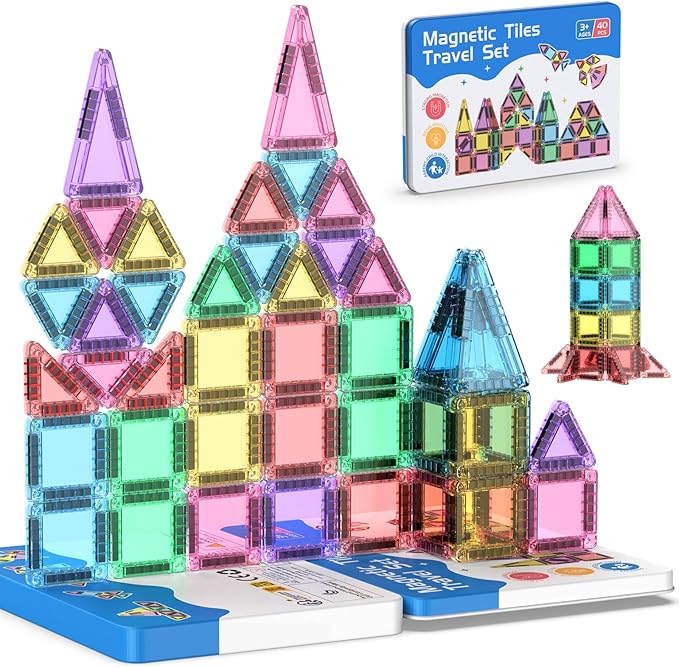 40PCS Mini Magnetic Tiles Travel Set, Portable STEM Building Blocks for Kids with Metal Storage Box, Montessori Sensory Toys for Classroom & Travel, Gift for Boys & Girls