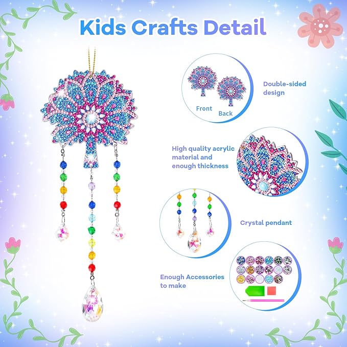 Diamond Art Kits for Kids Ages 6-12: Birthday Gifts for 7 8 9 10 Year Old Girls Teens Creative Arts & Crafts for Girls Boys DIY Wind Chime & Suncatcher Craft Kit Crystal Window Garden Decor Kit