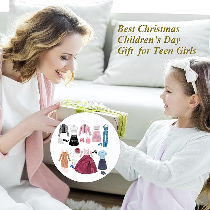 Doll Clothes and Accessories for Dolls ,Including 6 Fashion Clothes Set, 1 Pair of Earrings, 1 Necklaces, 1 Suitcases, 1 Glasses, 6 Pairs of Shoes for 11.5 inch Dolls on Christmas