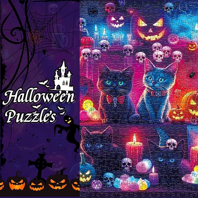 Puzzles 1000 Pieces for Adults,Two Pack Glow in The Dark - Spooky Cat & Dog Party Jigsaw Puzzle, Challenging Animal Theme Gift, 26.77x19.29 Inch