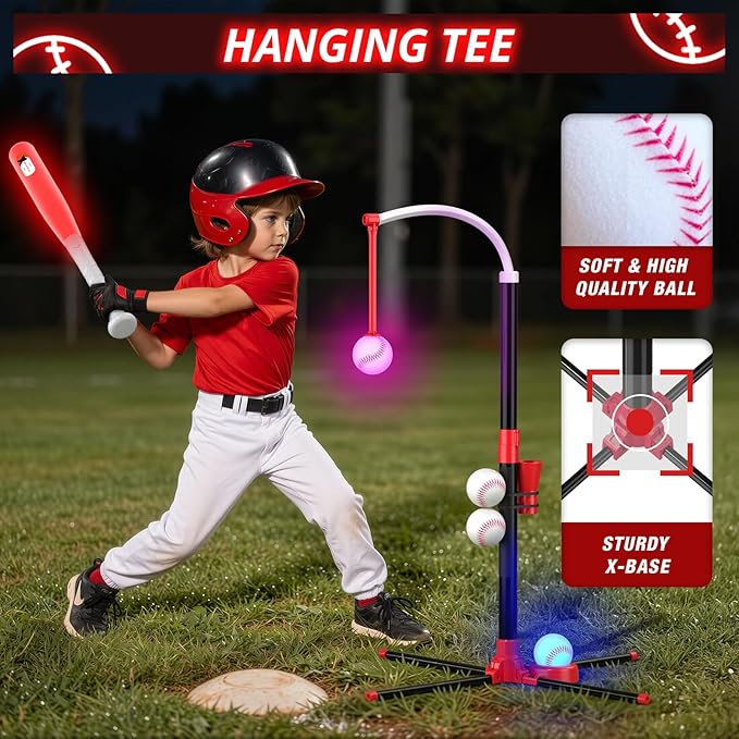 3-in-1 LED T Ball Set for Kids, Adjustable Height, Hanging Tee Ball Set with Baseball Launcher/4 Softballs/Light Up Bat, TBall Stand Sport Toys, Baseball Gifts for Boys Girls Age 3-5
