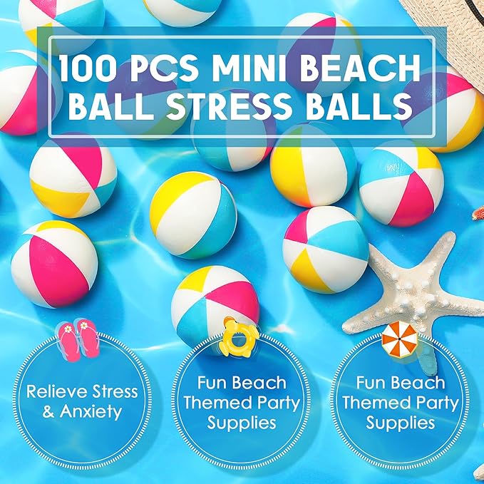 Hungdao 100 Pcs Mini Beach Stress Balls Bulk 2.5" Rainbow Squeeze Small Relief Stress Beach Balls Toys Bulk with Storage Bag for Summer Pool Water Games Hawaiian Birthday Party Favors (Bright Colors)