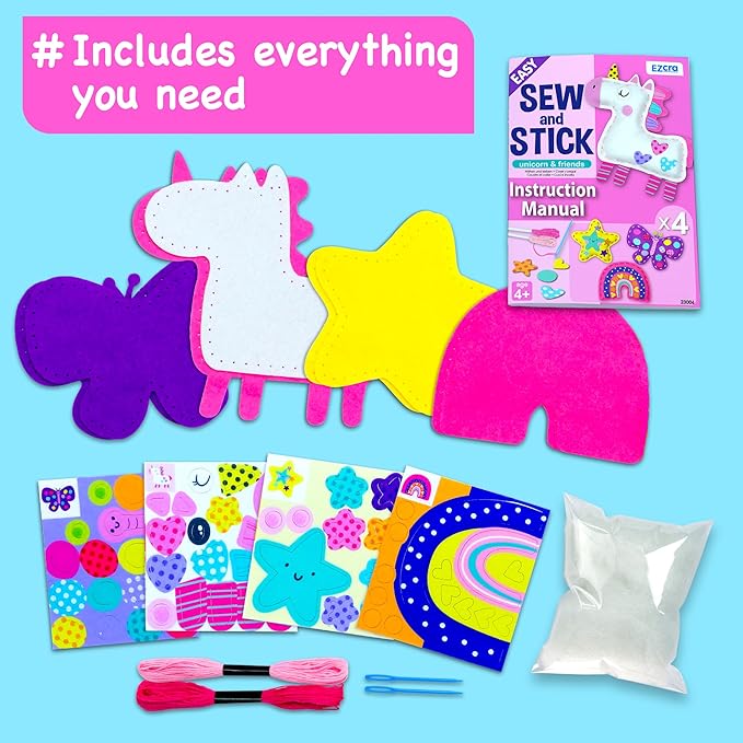 EZCRA Unicorn Sewing Kit for Kids Ages 4-8, 4 Easy Projects, No-Mess Learn-to-Sew Arts & Crafts with Felt Stickers for Beginners