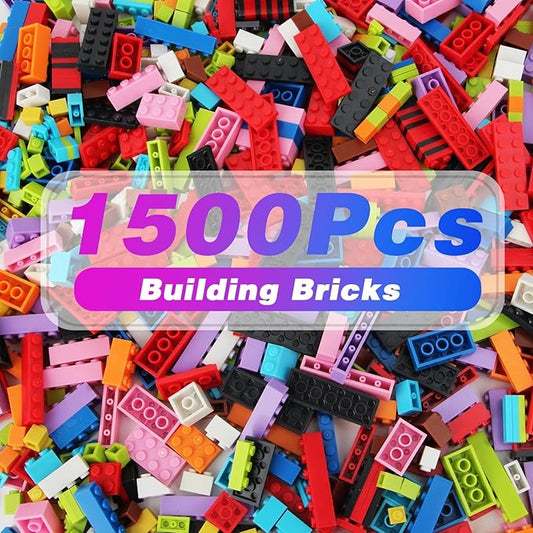 1500 Pieces Building Bricks, Classic Bulk Building Blocks Set, Creative Building Toys Compatible with All Major Brands, Gfits for Kids - 16 Shapes / 10 Colors