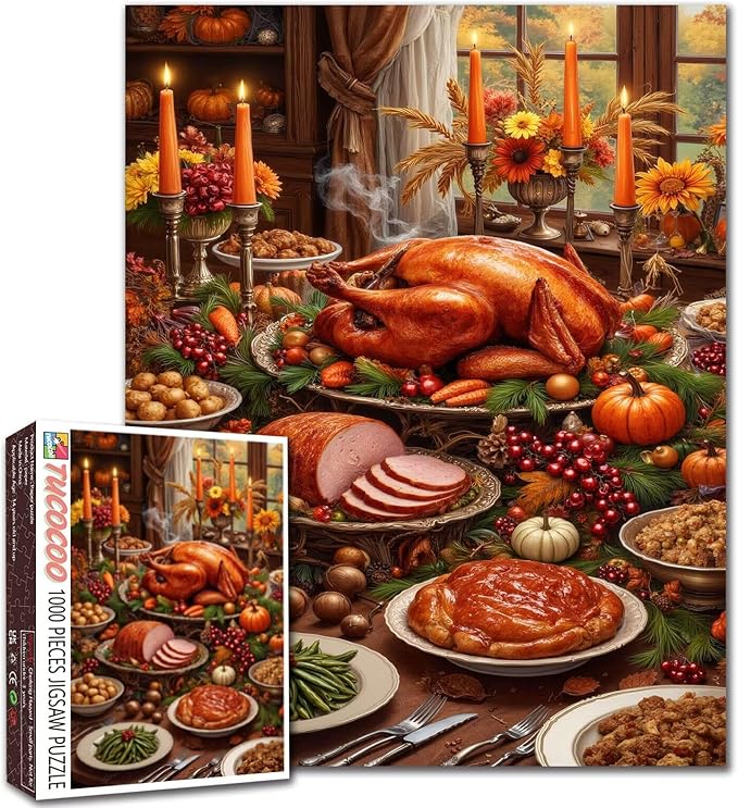 Turkey Dinner Jigsaw Puzzle for Adults Thanksgiving Autumn Puzzles 1000 Pieces Home Decor Gifts Intellectual Decompressing Fun Family Game 19.7 x 27.6 Inch